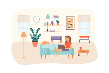 Aufkleber - Freelancer works at home scene. Woman sits on sofa with laptop and cat in living room. Freelance, remote work, comfortable office concept. Vector illustration of people characters in flat design