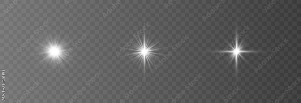 Special design of sunlight or light effect. Star, sun or spotlight beams. Bright flash. Light PNG. Decor element. Vector illustration for decorating. Isolated transparent background. - obrazy, fototapety, plakaty 