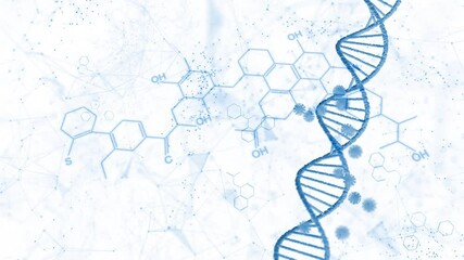 Wall Mural - chemical structure with blue rotating dna chain isolated on white. copy space abstract background.