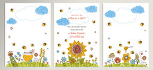 Bee Baby Shower Invitation Templates Set. Flower Backgrounds Collection With Space For Your Text. Vector Cute Illustration