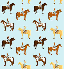 Canvas Print - Vector seamless pattern of flat different color cowboy woman girl riding western horse isolated on blue background