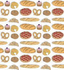 Sticker - Vector seamless pattern of different color hand drawn doodle sketch bakery bread and buns isolated on white background