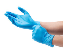 Two Hands Wearing Nitrile Gloves On A White Background