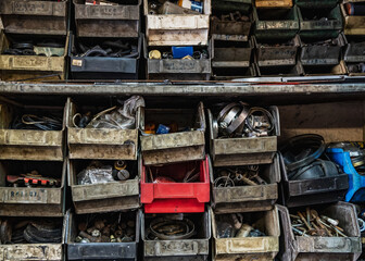 Instruments and materials in old dirty shelves