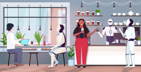 Fototapete - modern robots and people in coffee shop artificial intelligence technology concept modern cafe interior horizontal full length