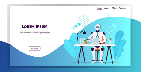 Poster - modern robot using laptop robotic businessperson sitting at workplace artificial intelligence technology business concept horizontal full length copy space