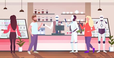 Poster - robotic barista serving people and robots clients artificial intelligence technology concept cafe interior full length horizontal