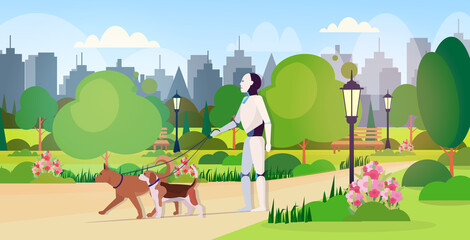 Fototapete - modern robot walking with dogs artificial intelligence technology concept public park cityscape background horizontal full length vector illustration