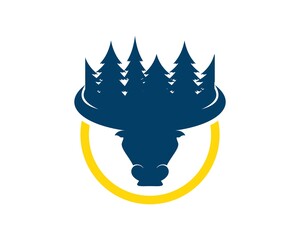 Poster - Bull head with pine forest with yellow circle