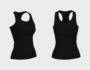 Blank  women tank top mockup in front and side views, design presentation for print, 3d illustration, 3d rendering