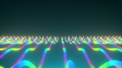 Poster - Displacement of neon wavy lines, computer generated. 3d rendering rainbow backdrop