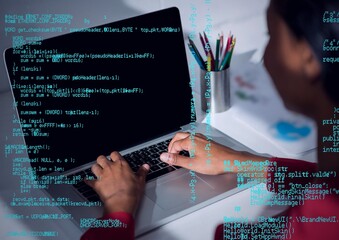 Poster - Composition of blue data processing over woman using laptop in background