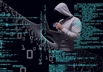 composition of binary coding and data processing over hacker in hood using credit card and laptop