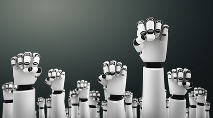 Poster - robot humanoid hands up to celebrate success achieved by using ai artificial intelligence thinking a