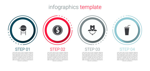 Canvas Print - Set Barbecue grill, Coin money with dollar, Western cowboy hat and Paper glass straw. Business infographic template. Vector