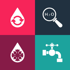 Sticker - Set pop art Water tap, Defrosting, Chemical formula for H2O and Recycle clean aqua icon. Vector