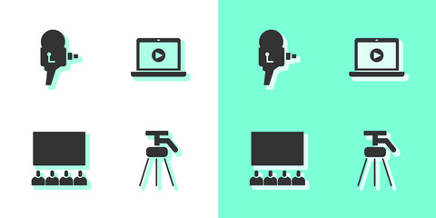 Sticker - Set Tripod, Retro cinema camera, Cinema auditorium with screen and Online play video icon. Vector