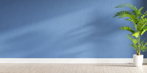 Poster - Empty room with a plant and blue wall mock up. 3D rendering. 3D illustration.