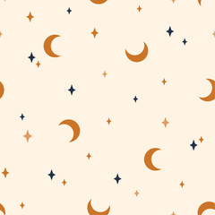 Wall Mural - seamless pattern with moon and stars. contemporary composition. boho wall decor. mid century art pri