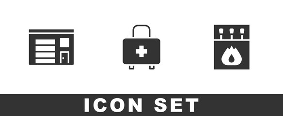 Sticker - Set Building of fire station, First aid kit and Matchbox and matches icon. Vector