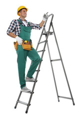 Canvas Print - Professional builder climbing up metal ladder on white background