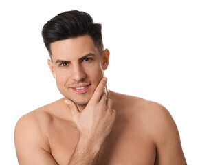 Wall Mural - Handsome man with stubble before shaving on white background