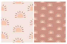 Simple Irregular Boho Suns Vector Prints Ideal For Fabric, Textile. Abstract Hand Drawn Geometric Vector Patterns. Cute Suns Isolated On A Pale Light Pink And Light Brown Background. Sunset Print.