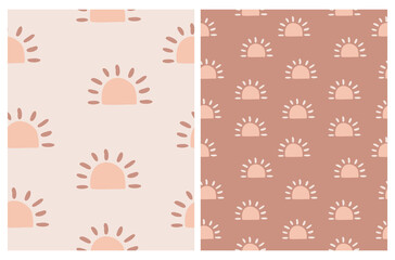 Simple Irregular Boho Suns Vector Prints Ideal for Fabric, Textile. Abstract Hand Drawn Geometric Vector Patterns. Cute Suns Isolated on a Pale Light Pink and Light Brown Background. Sunset Print.