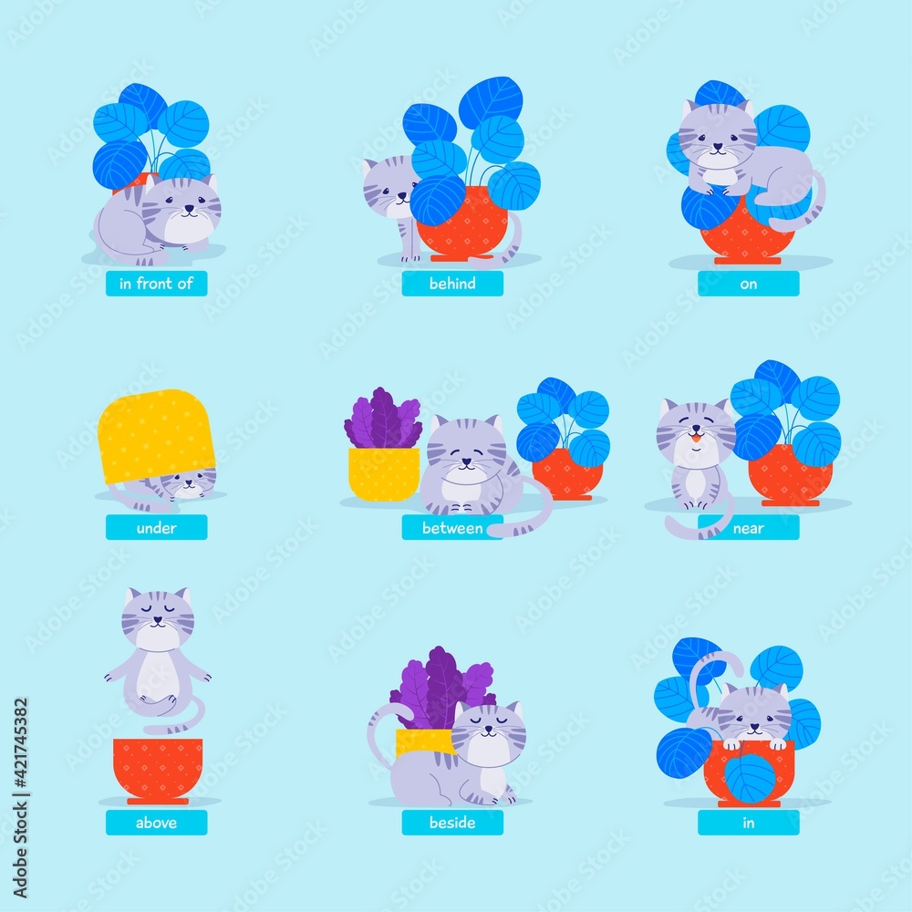 English prepositions cat, for kids learning language. Educational ...