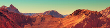 Mars Landscape Panorama, 3d Render Of Imaginary Mars Planet Terrain, Orange Desert With Mountains, Realistic Science Fiction Illustration.