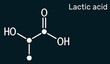 © bacsica - Lactic acid, lactate, milk sugar, C3H6O3 molecule. It is food additive E270 and alpha-hydroxy acid AHA. Skeletal chemical formula on the dark blue background