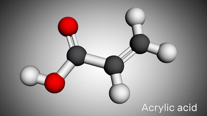 Wall Mural - Acrylic acid, propenoic acid molecule. It is unsaturated monocarboxylic acid. Molecular model. 3D rendering