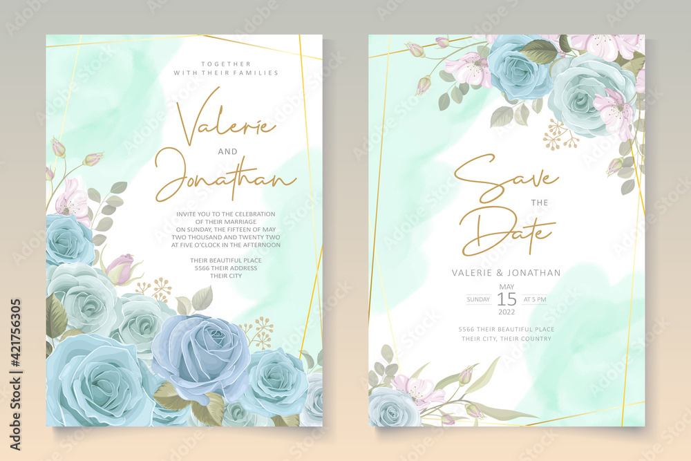 Elegant wedding card design with blue flowers Stock Vector | Adobe Stock