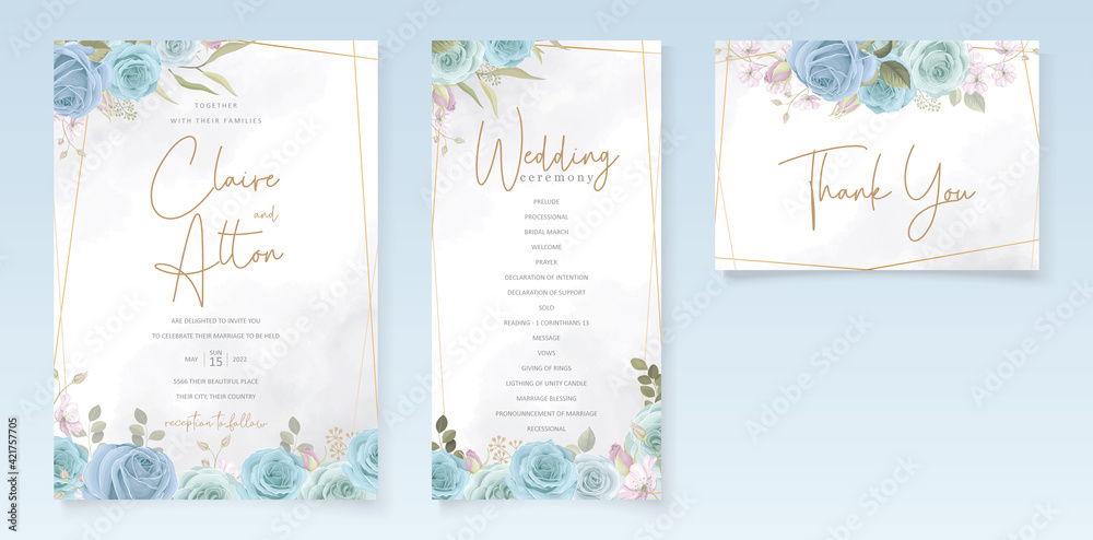Elegant wedding card design with blue flowers Stock Vector | Adobe Stock