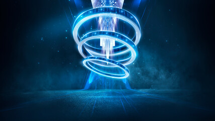 Wall Mural - dark abstract neon blue futuristic background with light rings, spotlights, neon rays and lines. nig