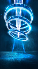 Wall Mural - dark abstract neon blue futuristic background with light rings, spotlights, neon rays and lines. nig