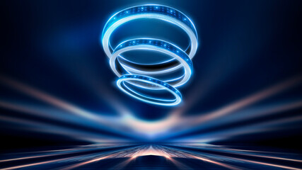 Wall Mural - dark abstract neon blue futuristic background with light rings, spotlights, neon rays and lines. nig