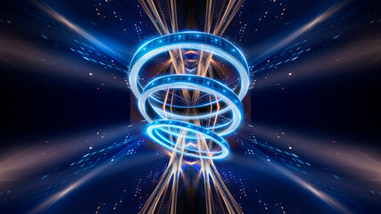 Wall Mural - dark abstract neon blue futuristic background with light rings, spotlights, neon rays and lines. nig