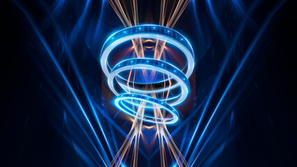 Wall Mural - dark abstract neon blue futuristic background with light rings, spotlights, neon rays and lines. nig
