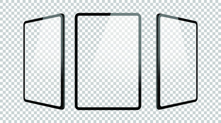 Leinwandbilder - Realistic vector illustration mockup set of tablets. Apple iPad device style. Transparent empty isolated screens and background with copy space. Technology design. Icon and touchscreen collection.