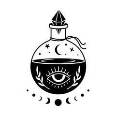 Wall Mural - witchcraft potion bottle. boho mystical monochrome illustration. bottle silhouette with magic elixir