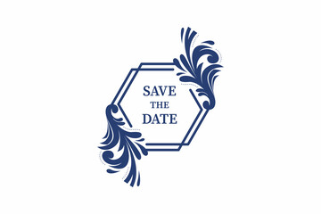 Poster - vector floral design elements in blue isolated in white background. Save the date element banner combined with hexagon and ethnic floral shapes.