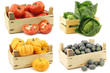 Wall Mural - Freshly harvested cooking vegetables in wooden crate on a white background