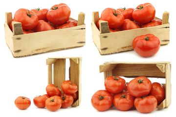 Wall Mural - fresh beef tomatoes in a wooden crate on a white background
