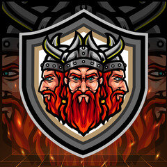 Poster - Viking triple head mascot. esport logo design