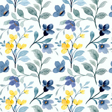Seamless Pattern Of Yellow And Blue Wild Floral With Watercolor