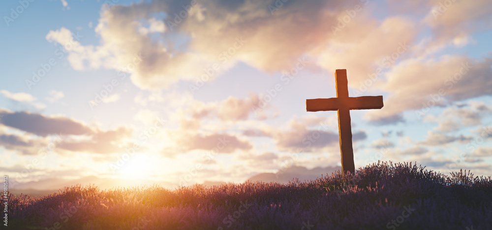 Cross at sunset religion and faith - obrazy, fototapety, plakaty 