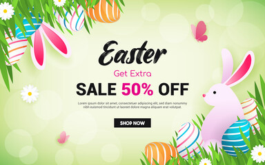 Wall Mural - Easter Sale Background Vector illustration. Rabbit with Easter eggs on spring meadow frame	