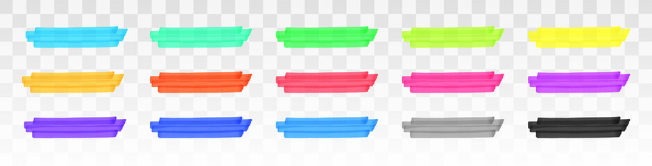 Aufkleber - Color highlighter lines set isolated on transparent background. Red, yellow, pink, green, blue, purple, gray, black marker pen highlight underline strokes. Vector hand drawn graphic stylish element