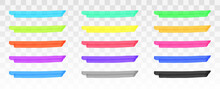 Color Highlighter Lines Set Isolated On Transparent Background. Red, Yellow, Pink, Green, Blue, Purple, Gray, Black Marker Pen Highlight Underline Strokes. Vector Hand Drawn Graphic Stylish Element